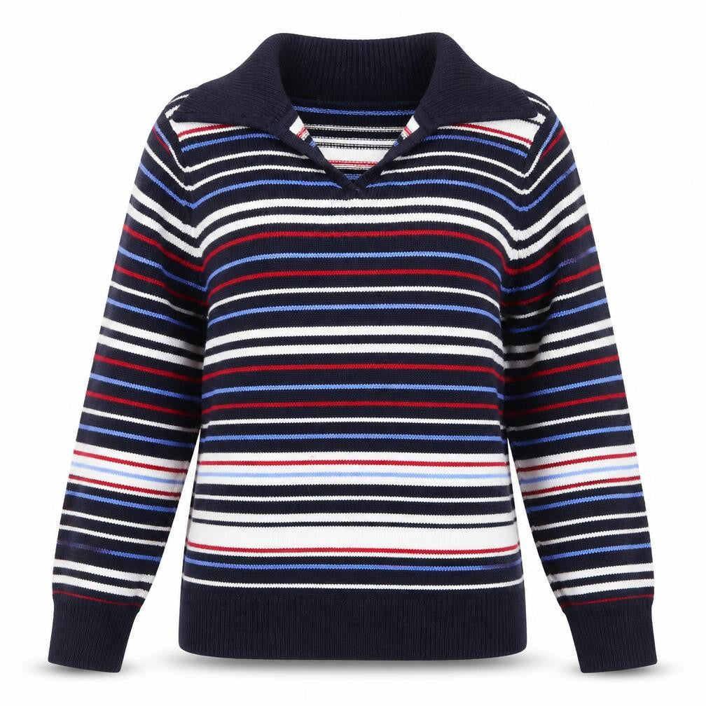 Front view of EWM women’s blue striped knit jumper, size UK 10, - red