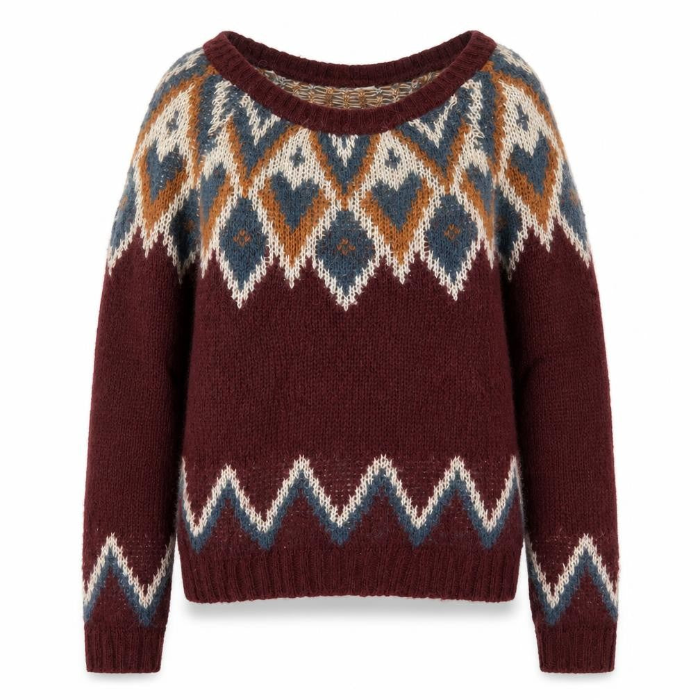Front view of H&M women’s red geometric knit jumper, size UK 10