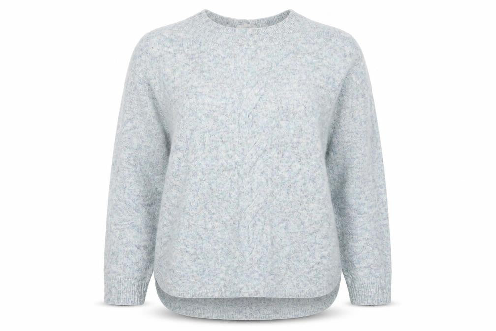 Front view of Marks & Spencer women’s blue knit jumper, size UK 14