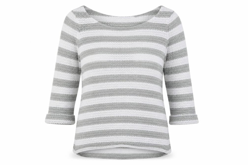 Front view of Next women’s grey striped knit jumper, size UK 10