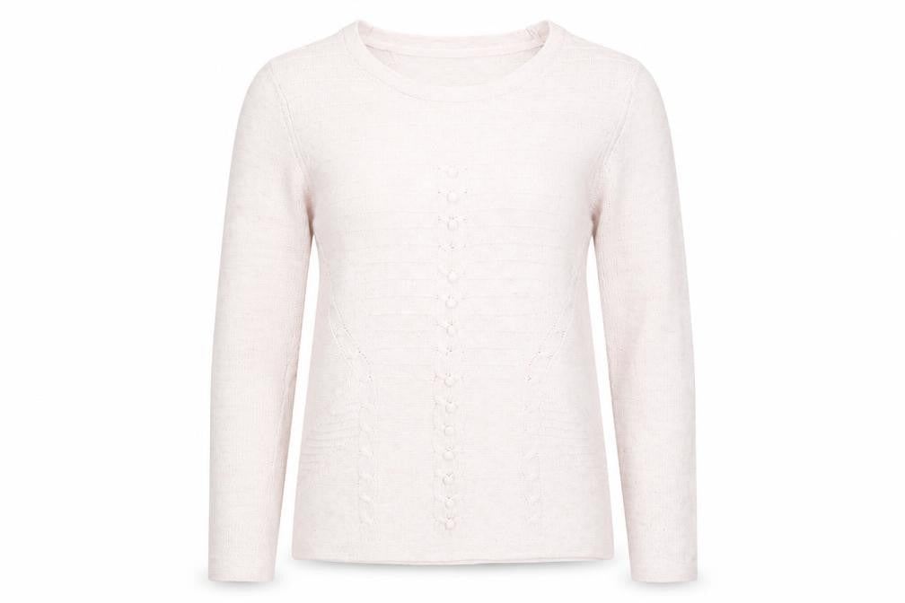 Front view of Country Casuals women’s pink knit jumper, size L
