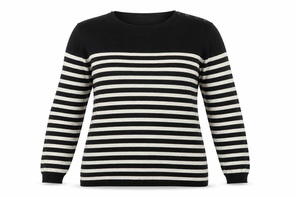 Front view of H&M women’s black striped knit jumper, size M