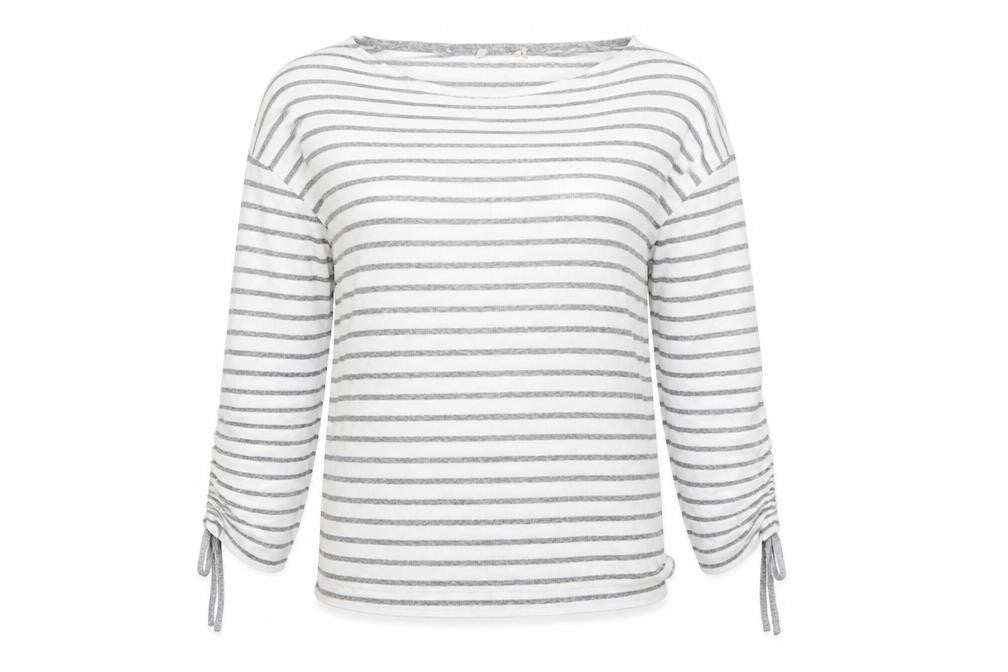 Front view of Tu women’s grey striped knit jumper, size UK 12