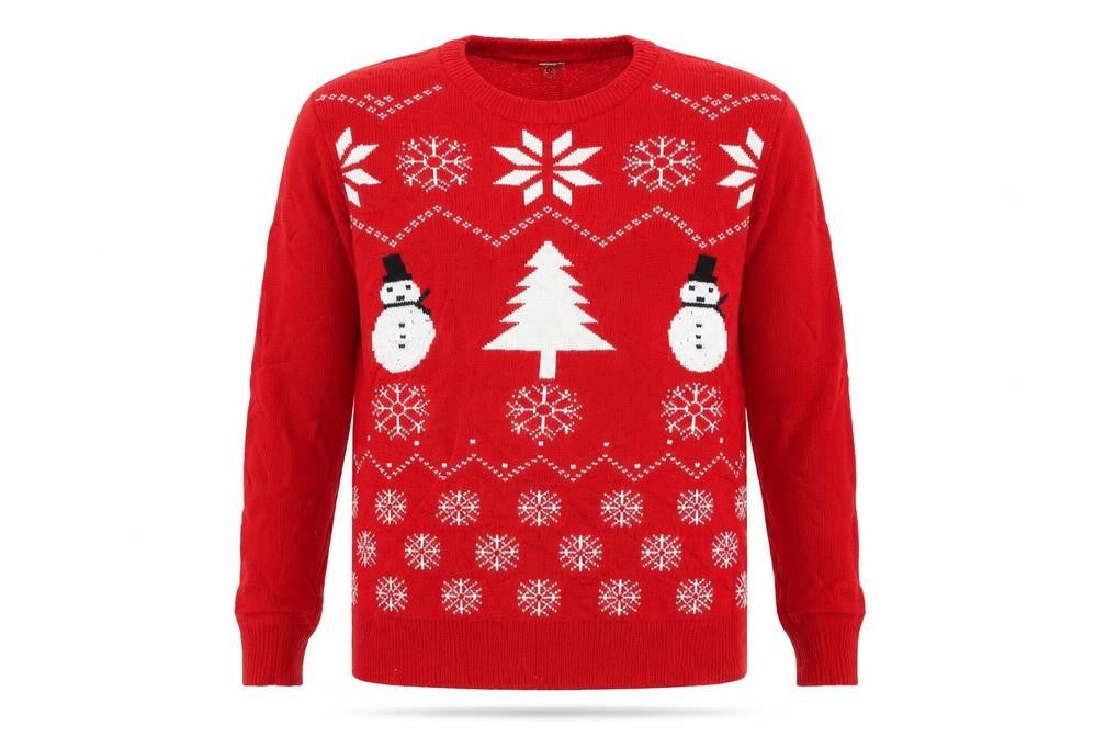 Front view of Oak Valley men’s red geometric knit jumper, size L, - snowman