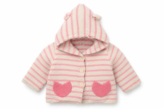 Front view of Gap girls’ ivory striped knit cardigan jumper, size 3-6, months