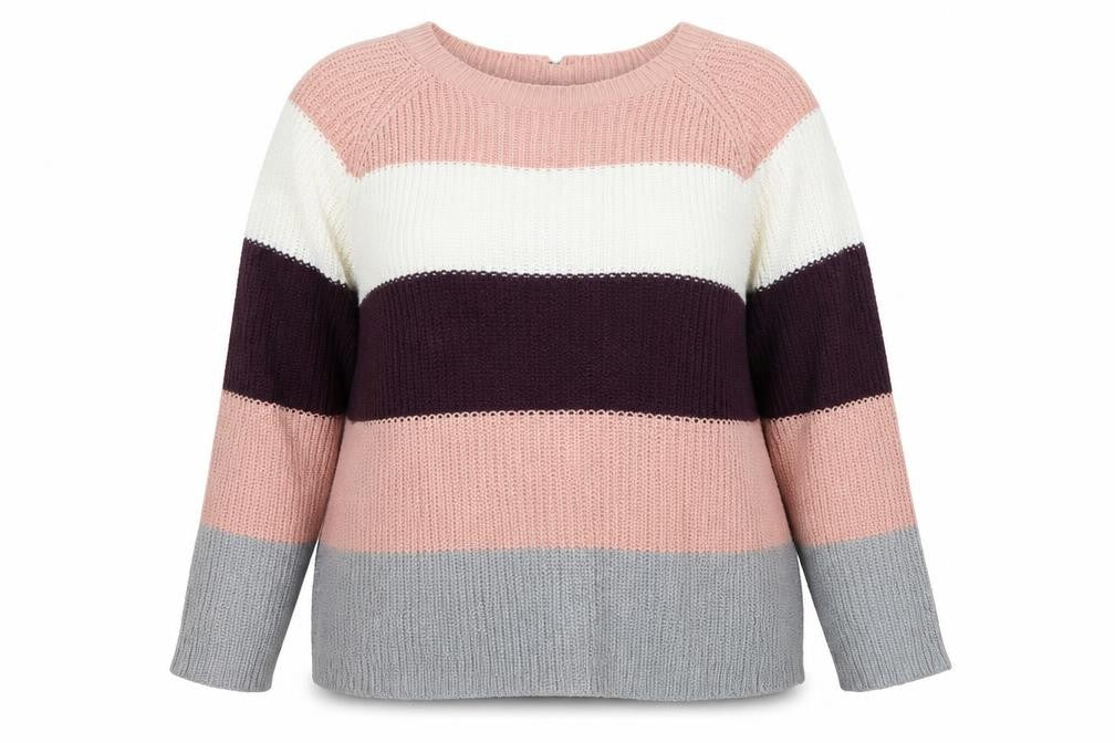 Front view of Intuition women’s pink striped knit jumper, size UK 18