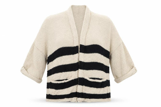 Front view of Atmosphere women’s beige striped knit cardigan jumper, size UK 12