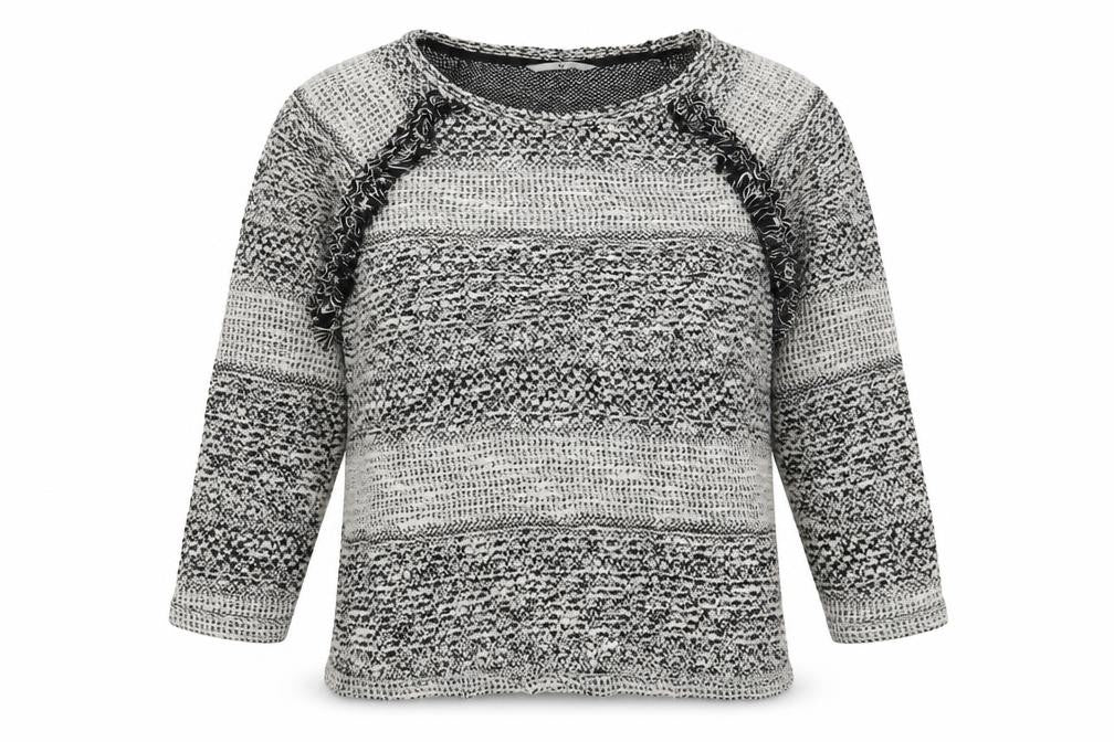 Front view of Tu women’s grey striped knit cardigan jumper, size UK 14