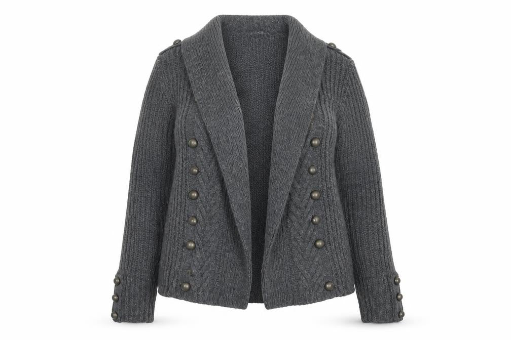 Front view of Marks & Spencer women’s grey knit cardigan jumper, size UK 8