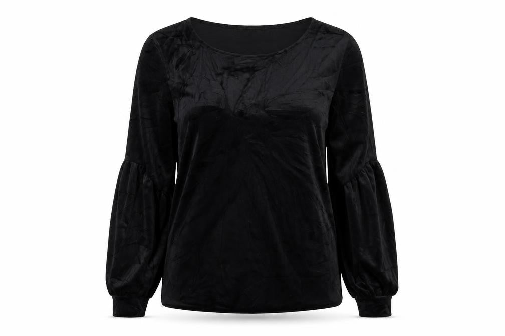 Front view of XETRA women’s black jumper, size S, - puff sleeves