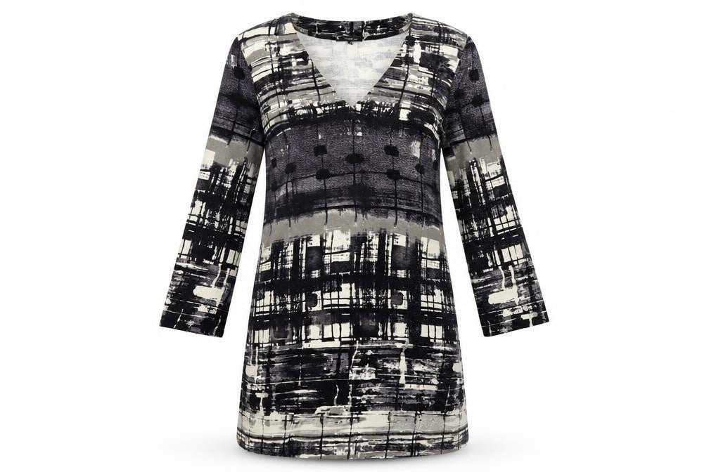 Front view of TOUPY women’s black geometric a-line, size S
