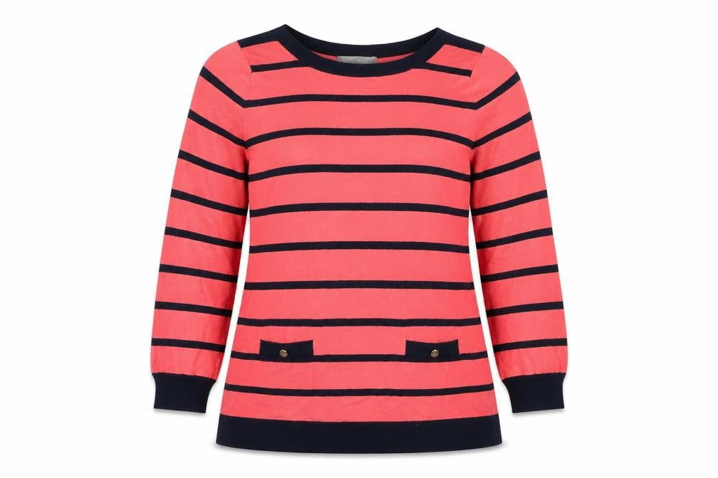 Front view of Marks & Spencer women’s pink striped knit jumper, size UK 14