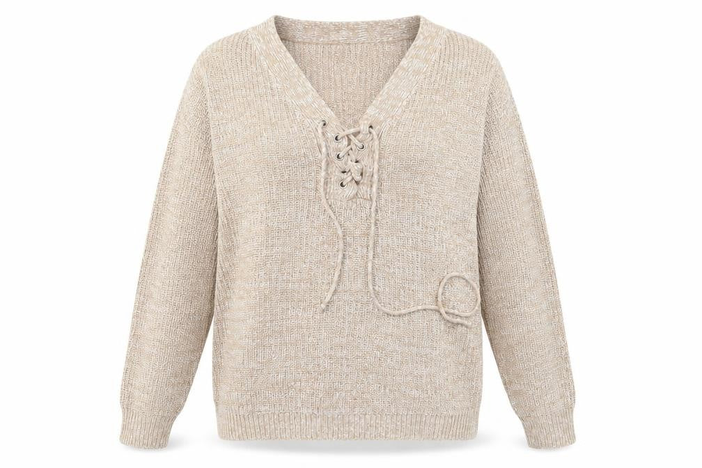 Front view of Preworn women’s beige knit jumper, size M