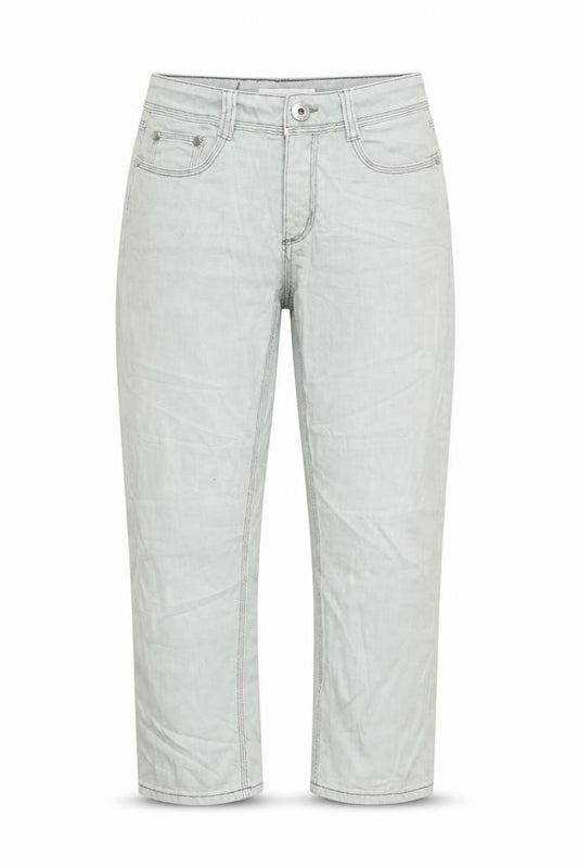 Front view of women’s blue denim cropped jeans, size UK 10, 28-inch leg