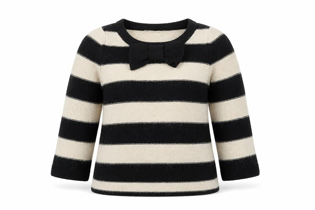 Front view of Next women’s black striped knit jumper, size UK 10