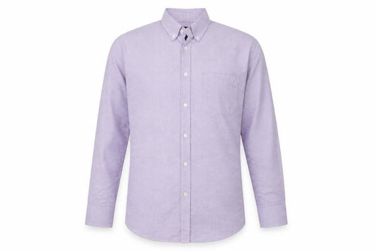 Front view of Cedarwood State men’s purple check button-up, size 15.5