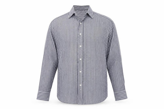 Front view of Williams & Brown men’s blue striped button-up, size 16