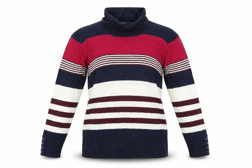 Front view of hle women’s blue striped jumper, size L