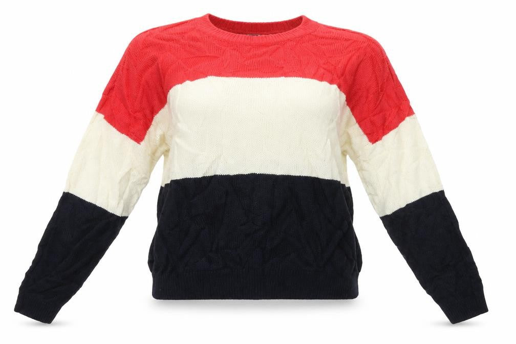 Front view of H&M women’s beige striped jumper, size M