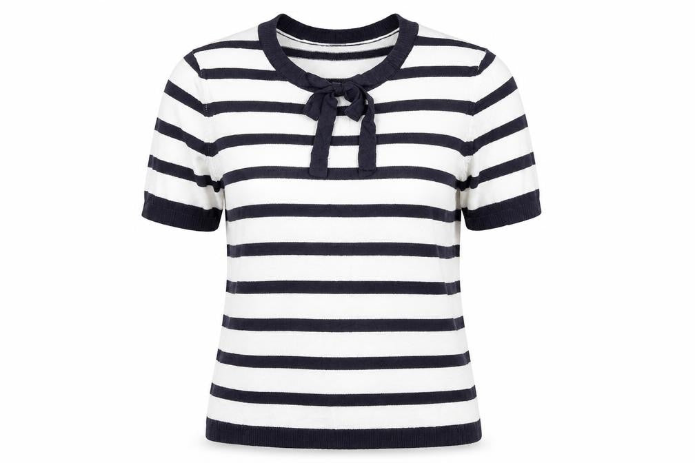 Front view of Marks & Spencer women’s white striped basic t-shirt, size UK 12