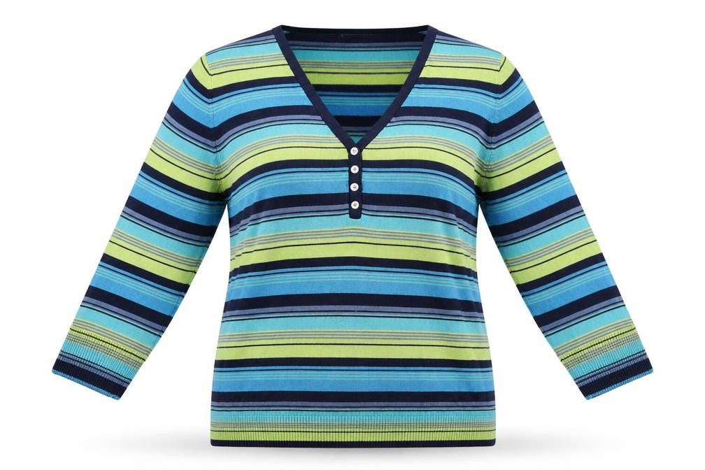 Front view of PLANET women’s blue striped jumper, size M