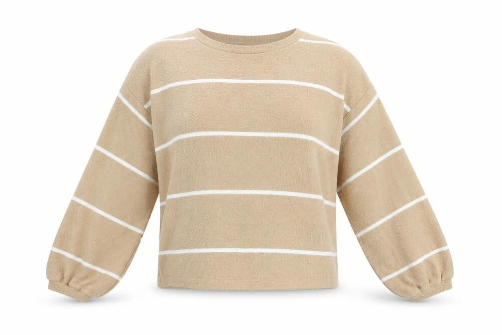 Front view of New Look women’s beige striped jumper, size S