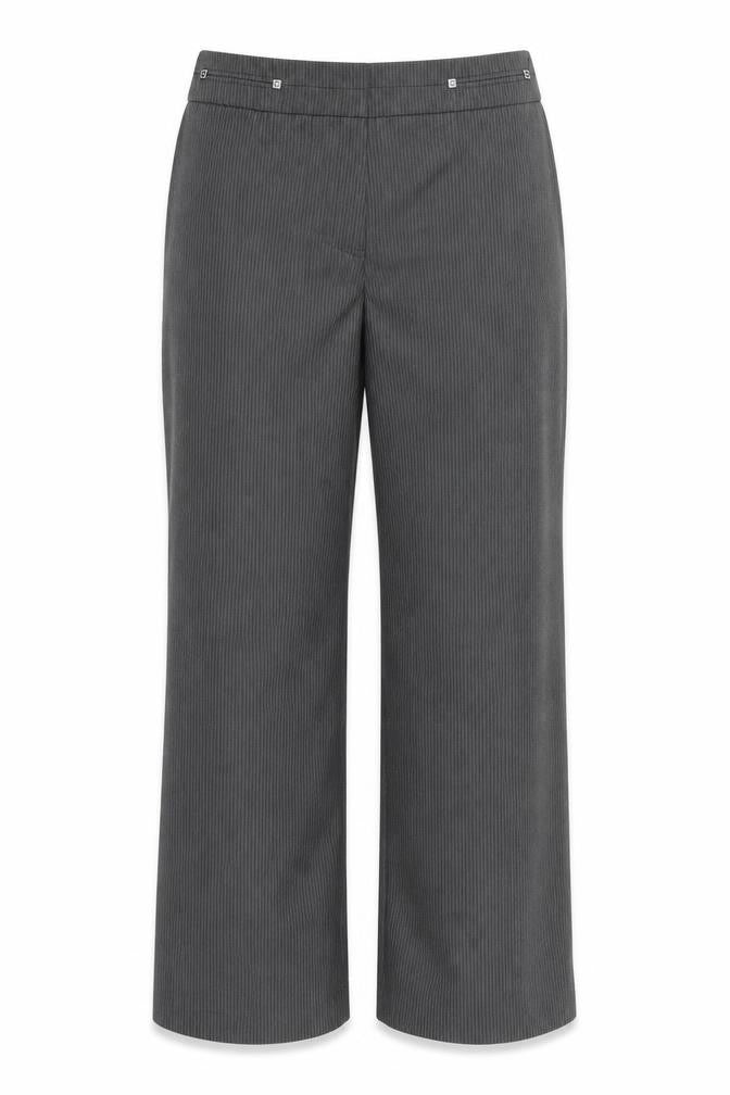 Front view of Marks & Spencer women’s grey striped trousers, size UK 14, 29-inch leg