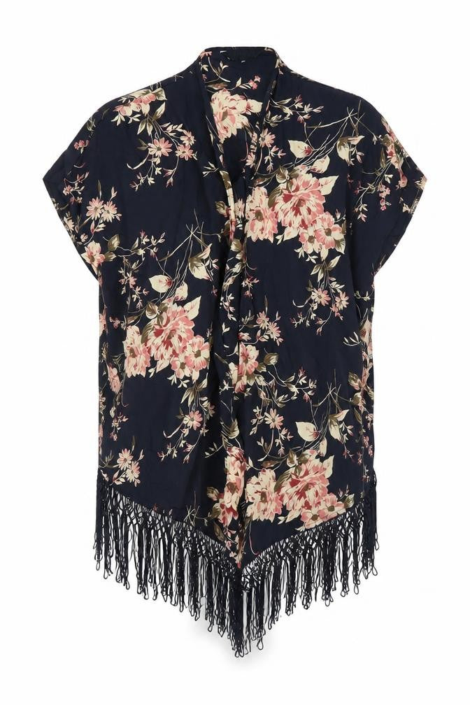 Front view of New Look women’s blue floral kimono blouse, size UK 10