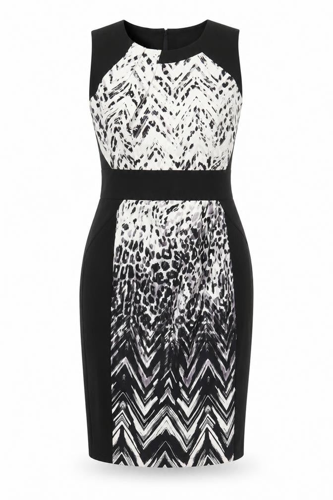 Front view of Lipsy women’s black herringbone sheath, size UK 14, - leopard print