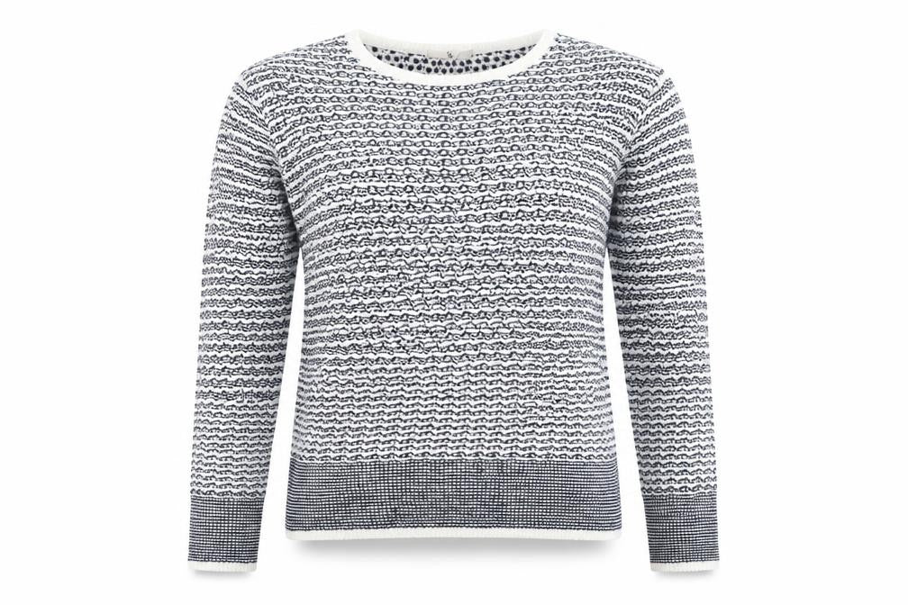 Front view of Tu women’s blue striped jumper, size UK 12