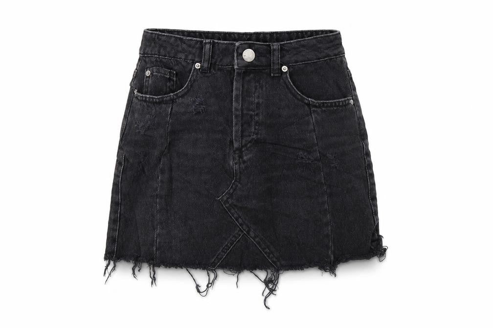Front view of Miss Selfridge women’s black denim a-line skirt, size UK 6