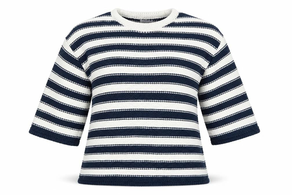 Front view of Bellfield women’s blue striped jumper, size UK 8
