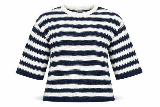 Front view of Bellfield women’s blue striped jumper, size UK 8