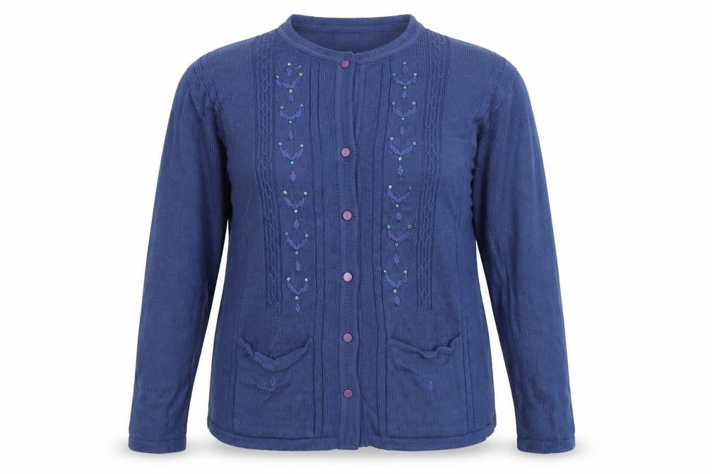 Front view of Dil women’s blue cardigan jumper, size XL