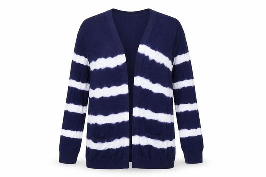 Front view of New Look women’s blue striped wrap jumper, size UK 8