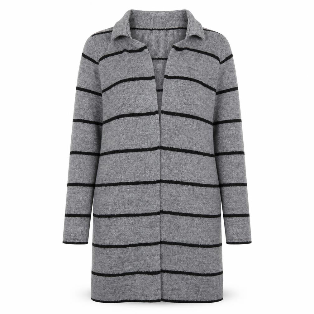 Front view of Susy Mix women’s grey striped cardigan jumper, size S