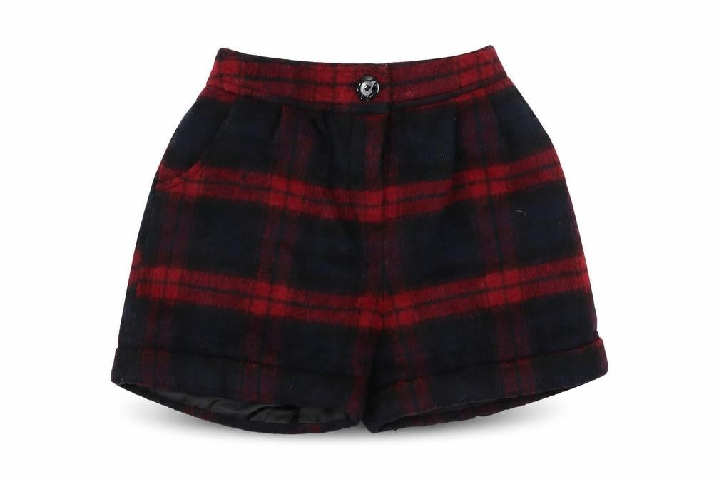 Front view of Nutmeg girls’ blue hot pants shorts, size 9-10, years
