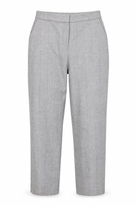 Front view of Marks & Spencer women’s grey striped dress pants trousers, size UK 12, 29-inch leg