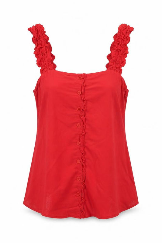 Front view of Topshop women’s red basic button-up, size UK 12