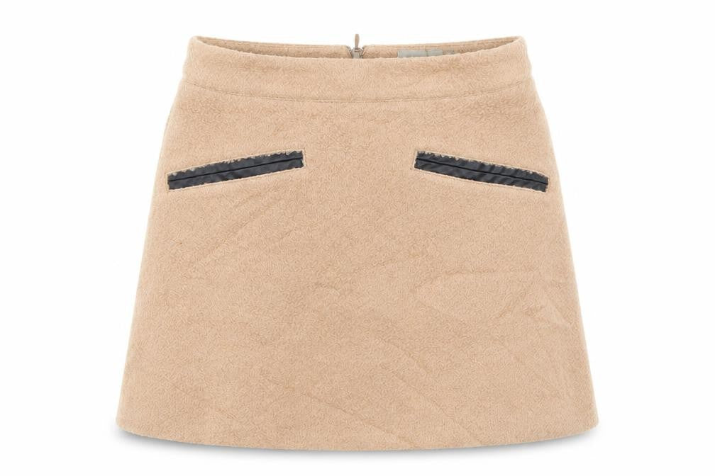 Front view of ASOS women’s beige mini skirt, size UK 10