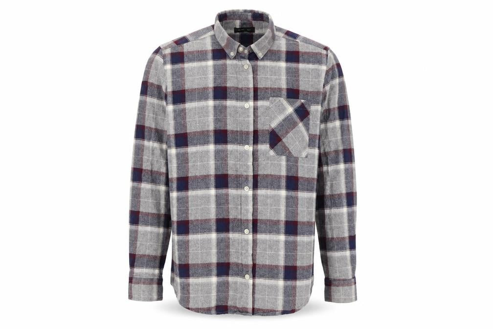 Front view of Silver Eight men’s grey plaid button-up, size L