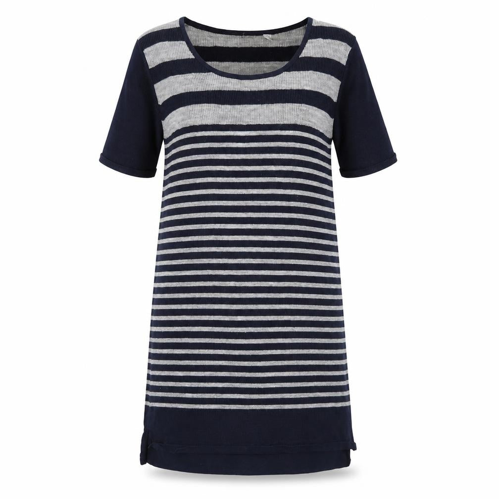 Front view of UNIQLD women’s blue striped jumper dress, size S