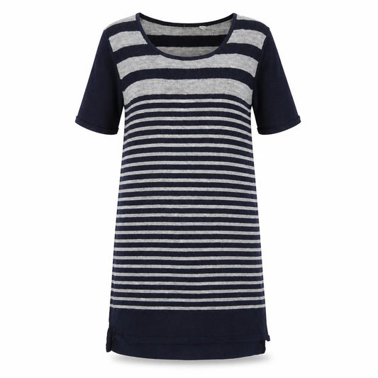 Front view of UNIQLD women’s blue striped jumper dress, size S