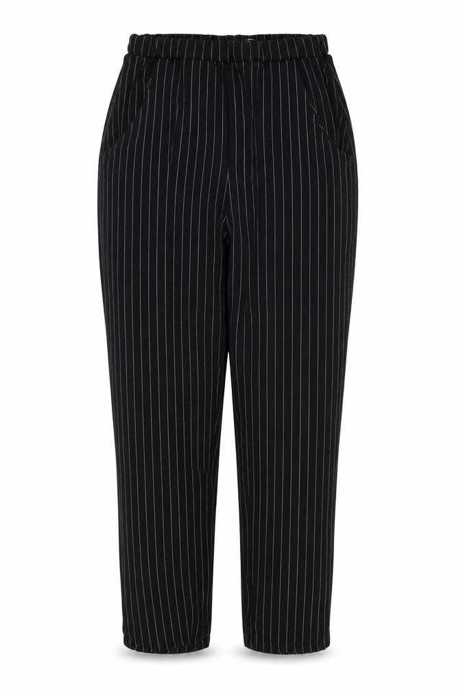 Front view of PRETTYLITTLETHING women’s black striped trousers, size UK 10, 26-inch leg