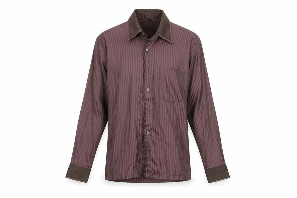 Front view of Lamy men’s purple striped button-up, size L
