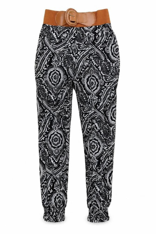 Front view of Lily & David women’s multicoloured geometric dress pants trousers, size UK 14, 30-inch leg