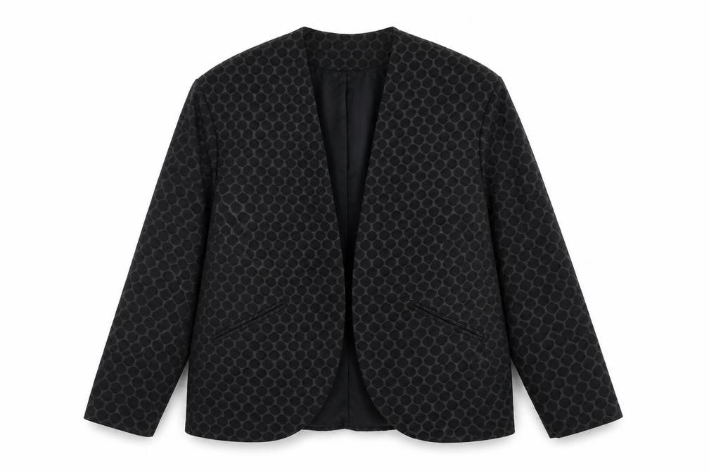 Front view of H&M women’s black polka dot jacket blazer, size UK 12