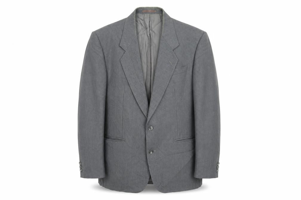 Front view of James Barry men’s grey striped jacket suit jacket, size 40