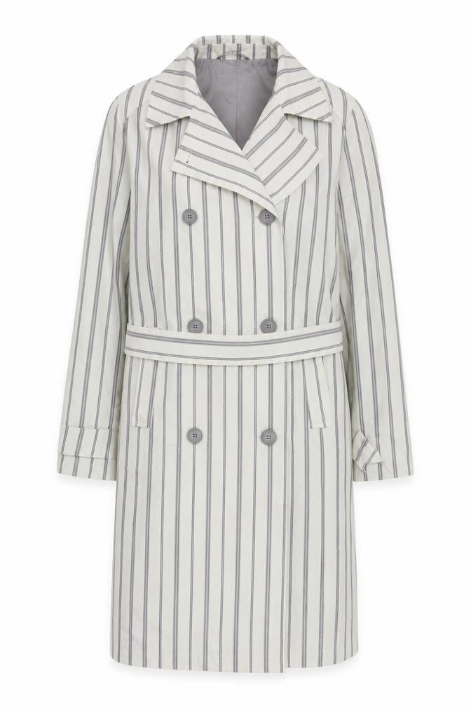 Front view of Marks & Spencer women’s white striped overcoat coat, size UK 14