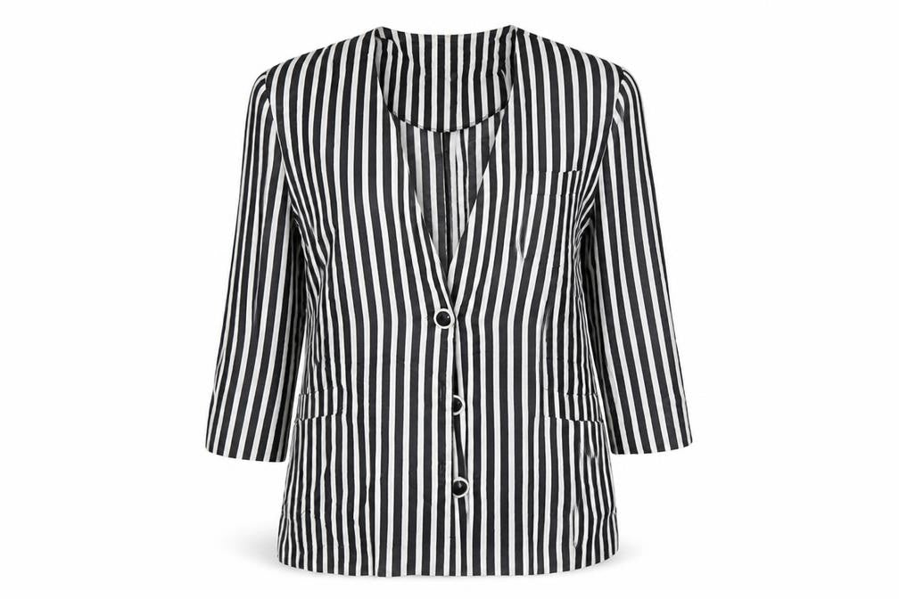 Front view of Leslie Fay women’s black striped basic button-up, size UK 44, -, size UK 46